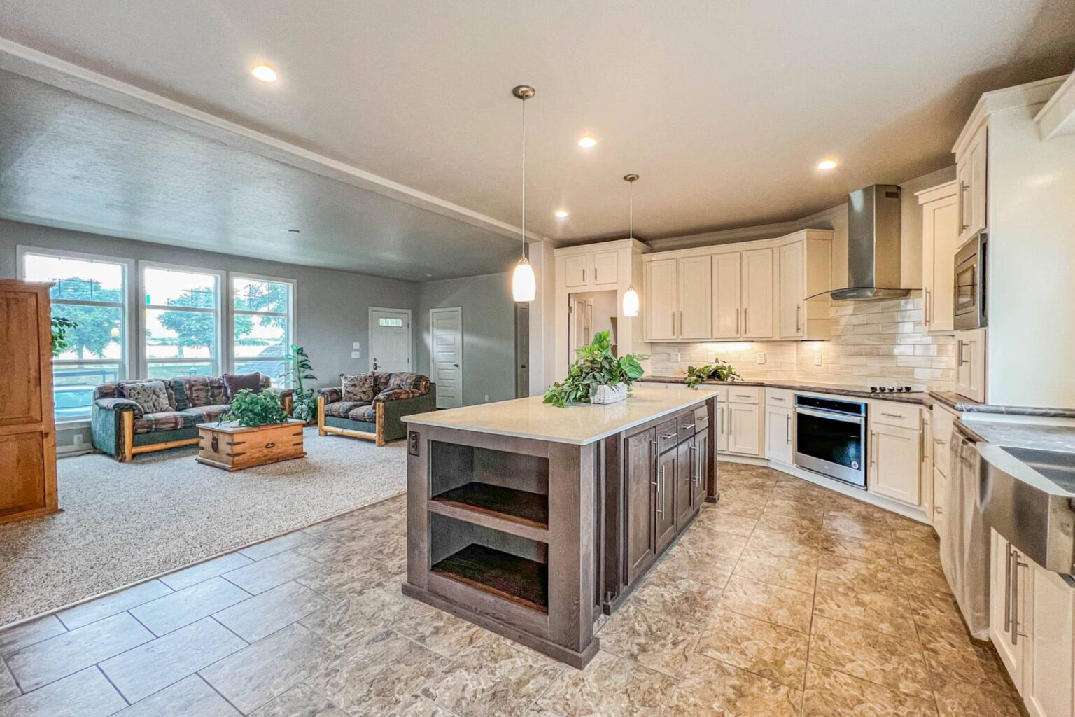 Interior view of a modern kitchen and living space