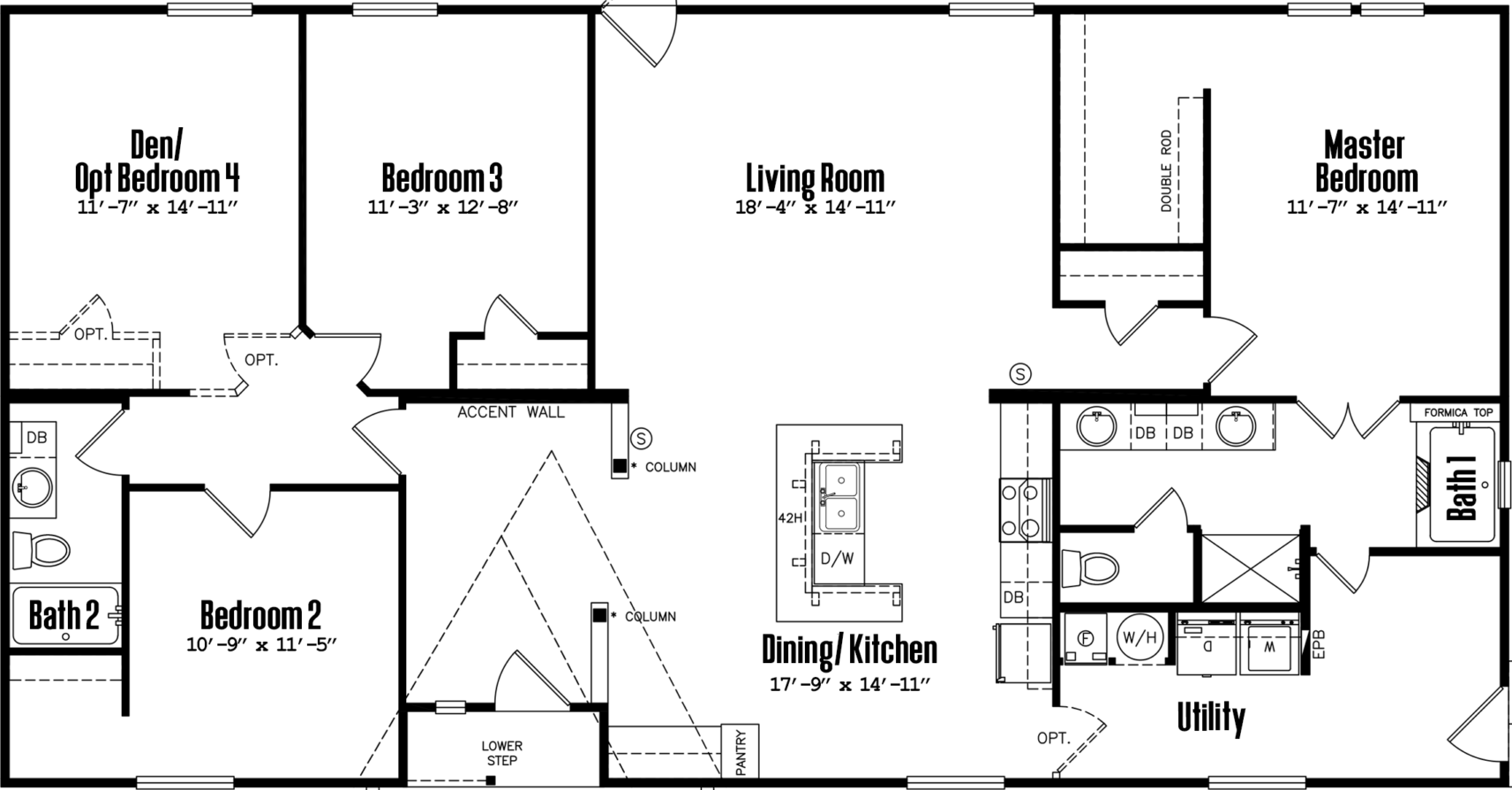 Doublewide 32×64-32c floor plan home features