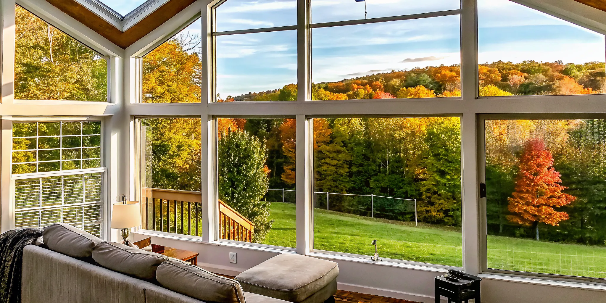 Modern open concept manufactured home interior with cathedral ceilings and large windows in New England