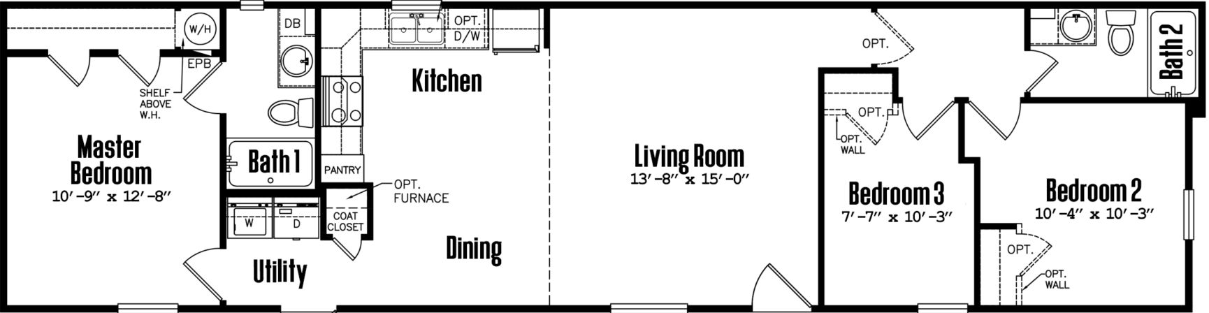 Singlewide 16×64-32c floor plan home features