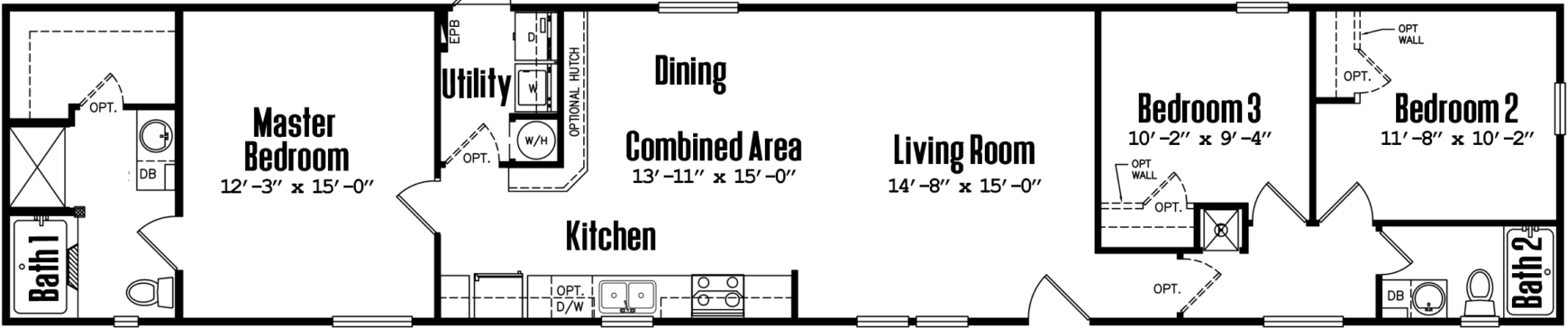 Singlewide 16×80-32b floor plan home features