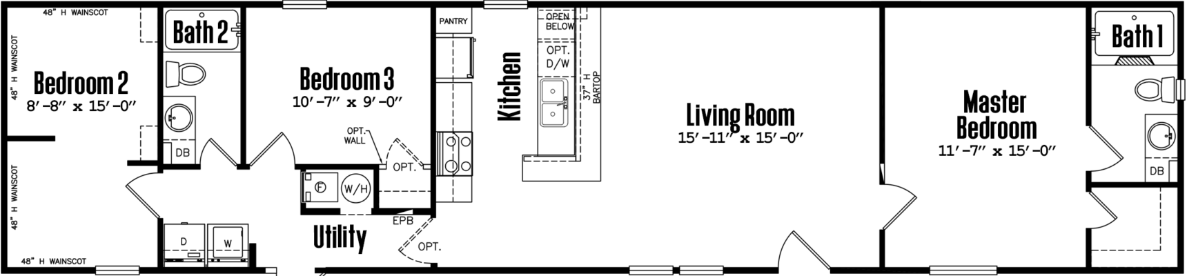 Singlewide 16×72-32b floor plan home features