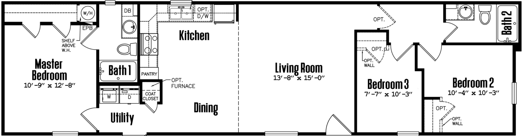 Singlewide 16×64-32c floor plan home features