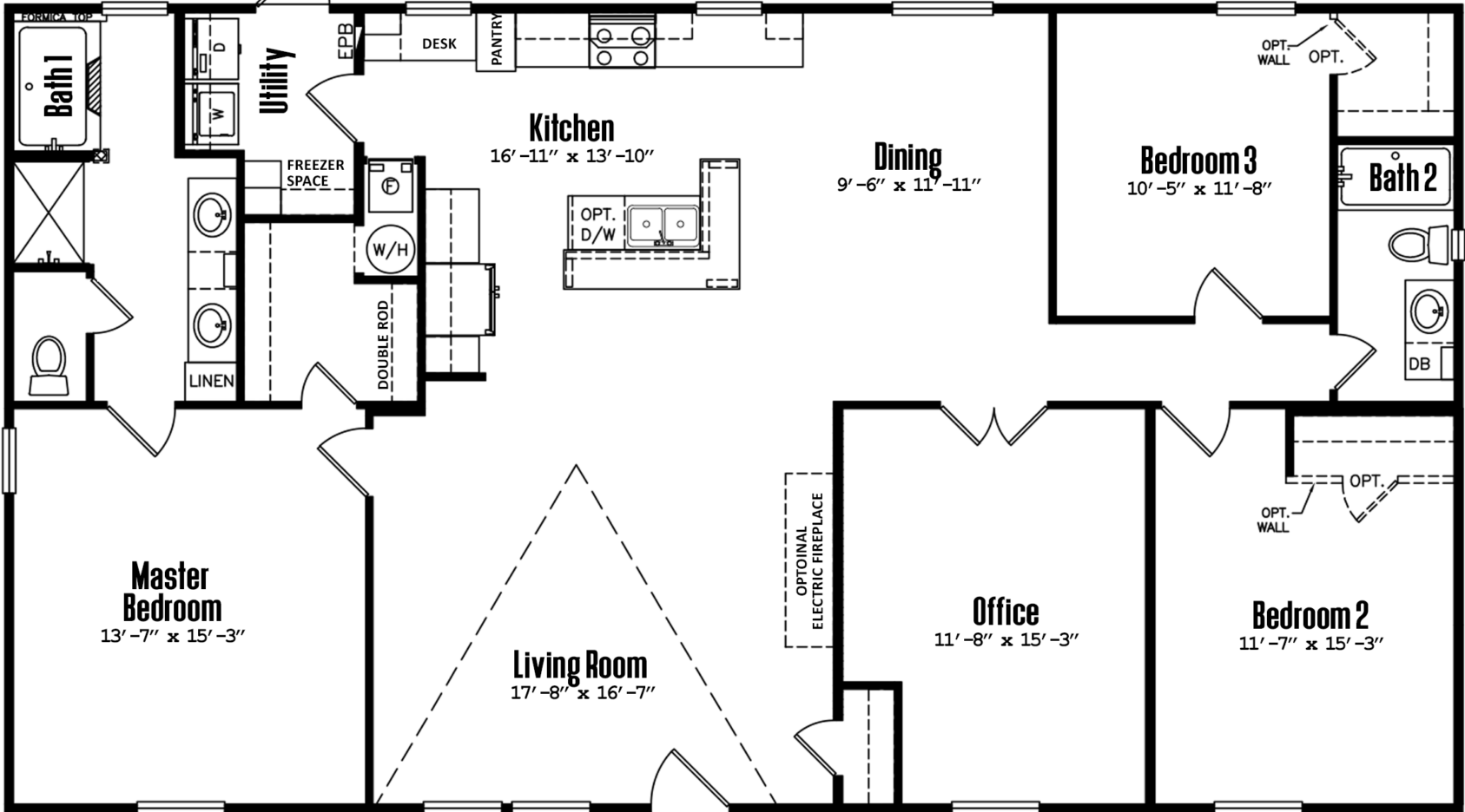 Doublewide 32×60-32a floor plan home features