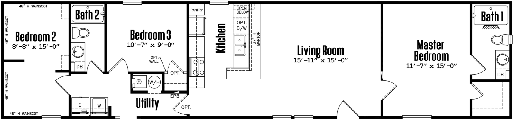 Singlewide 16×72-32b-2 floor plan home features