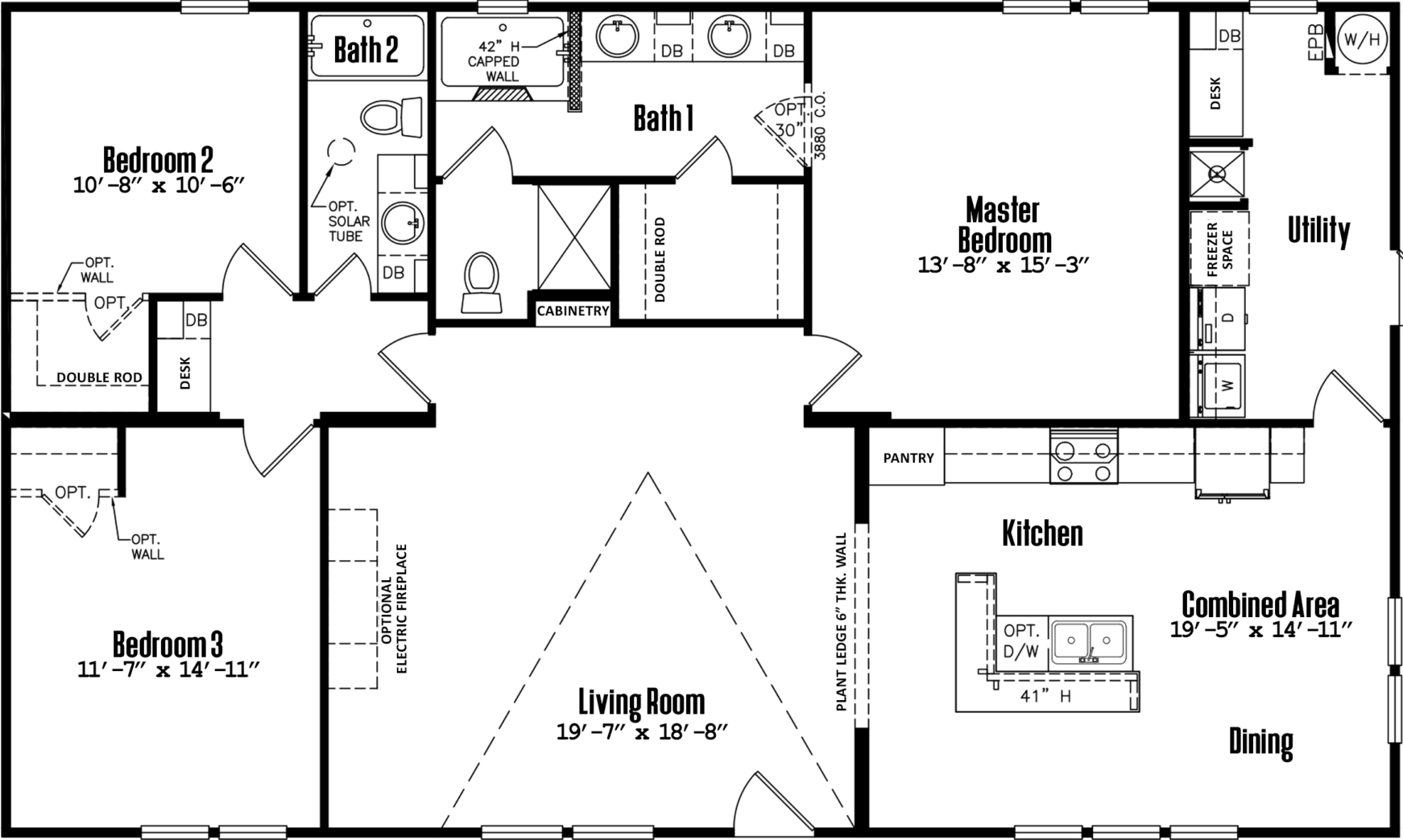 Doublewide h-32×56-32d floor plan home features