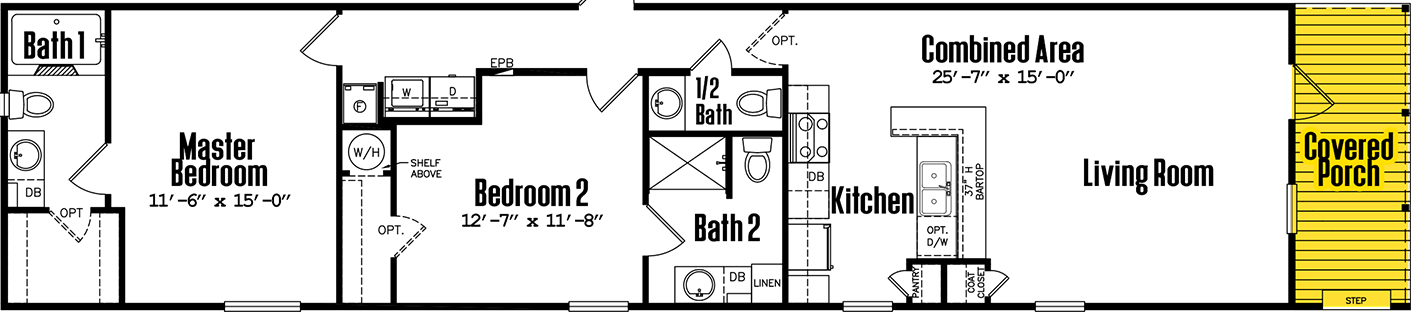 Singlewide 16×76-22.5flpa floor plan home features