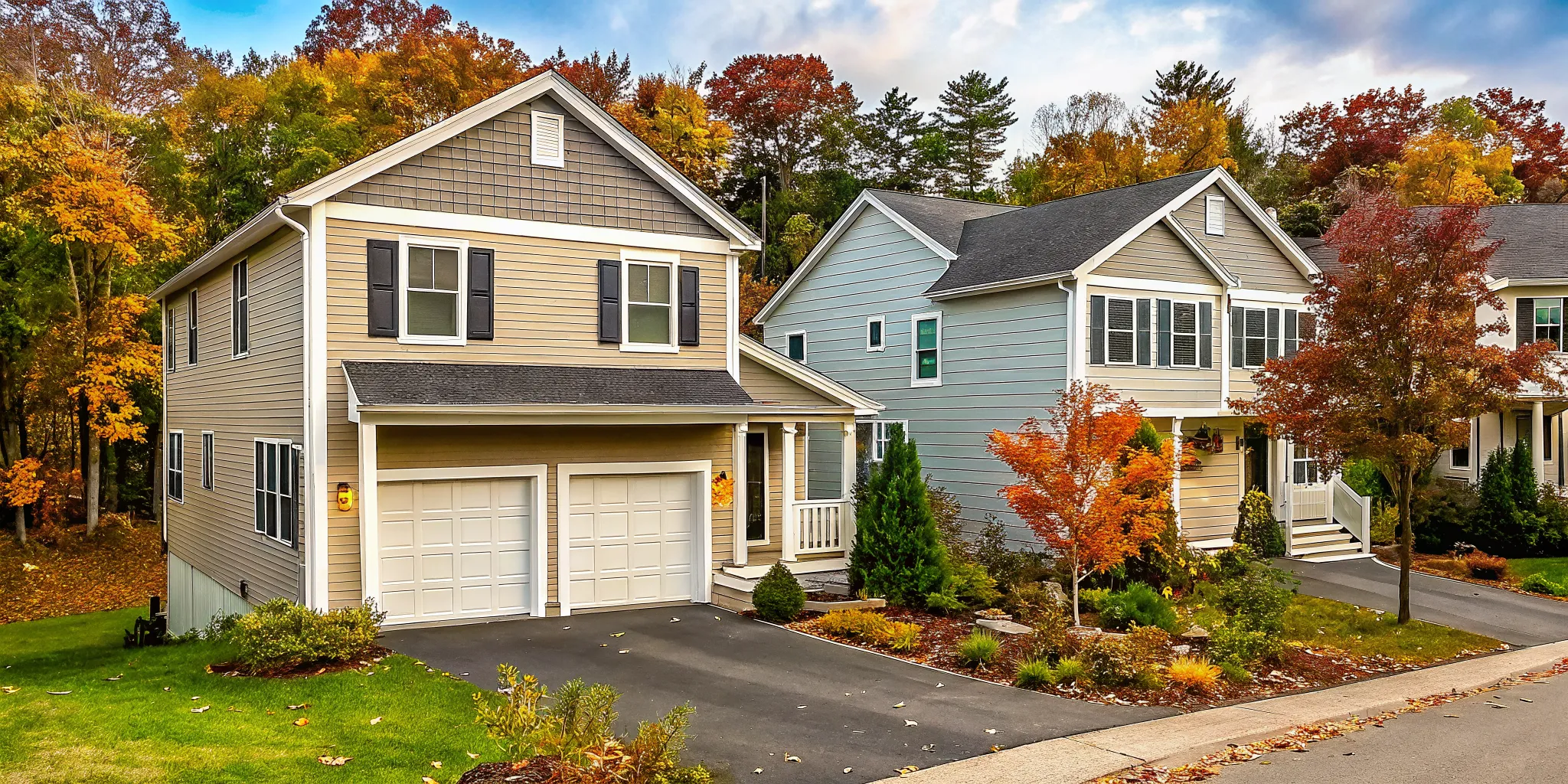Modern manufactured homes with pitched roofs and attached garages in a New England neighborhood