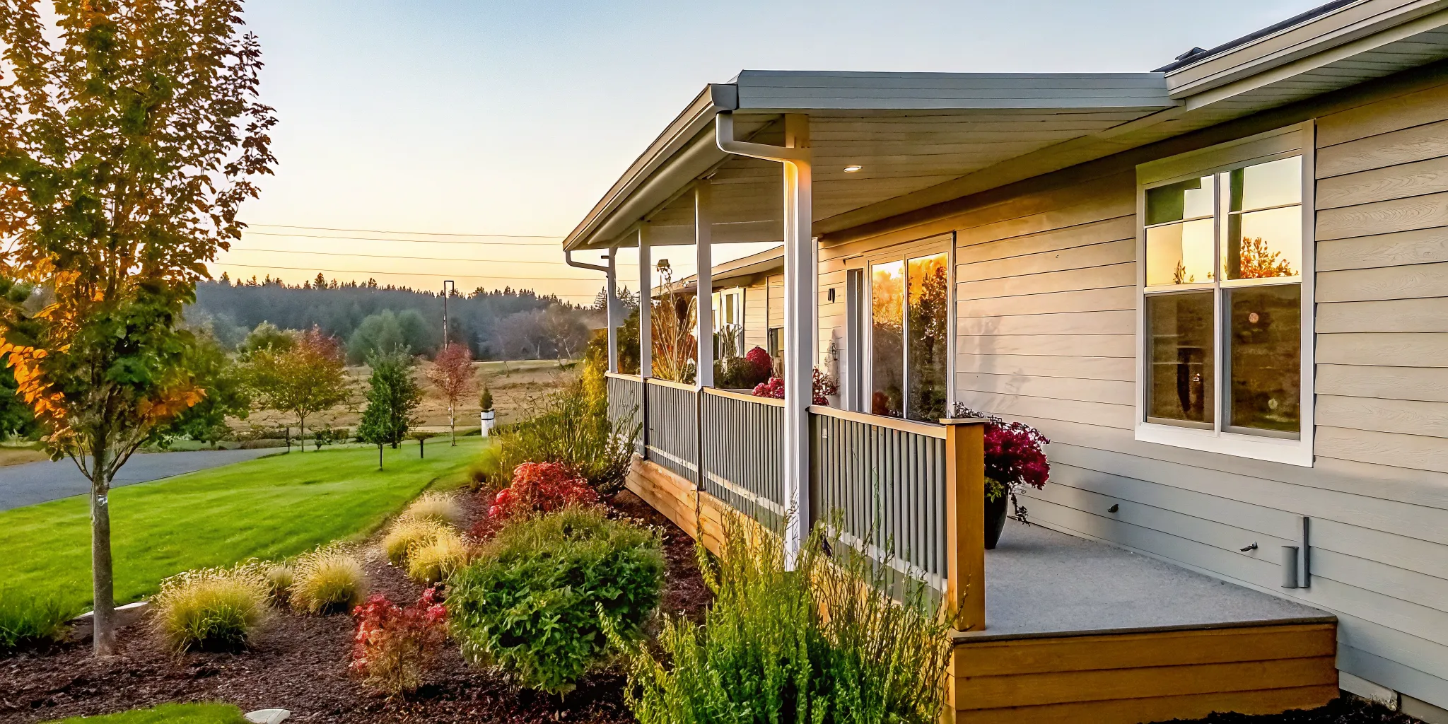 Happy retired couple sitting on the porch of their modern manufactured home enjoying retirement lifestyle