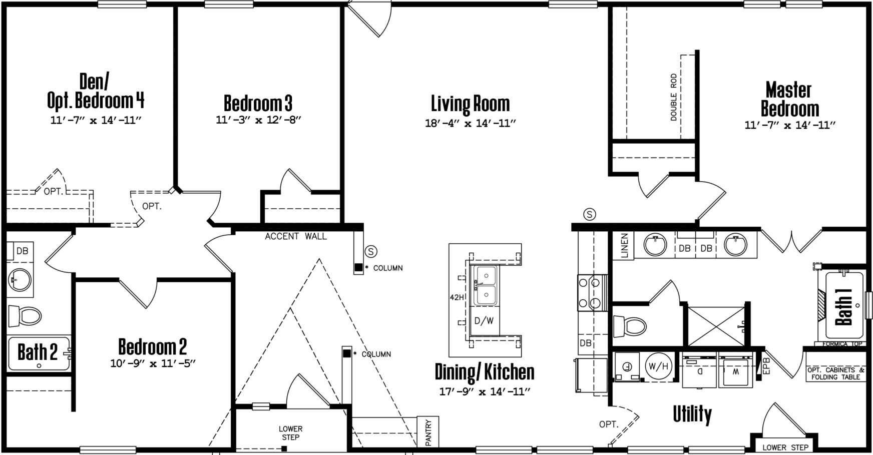 Doublewide h-32×64-32c floor plan home features