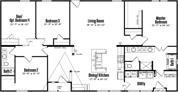 Doublewide h-32×64-32c floor plan home features