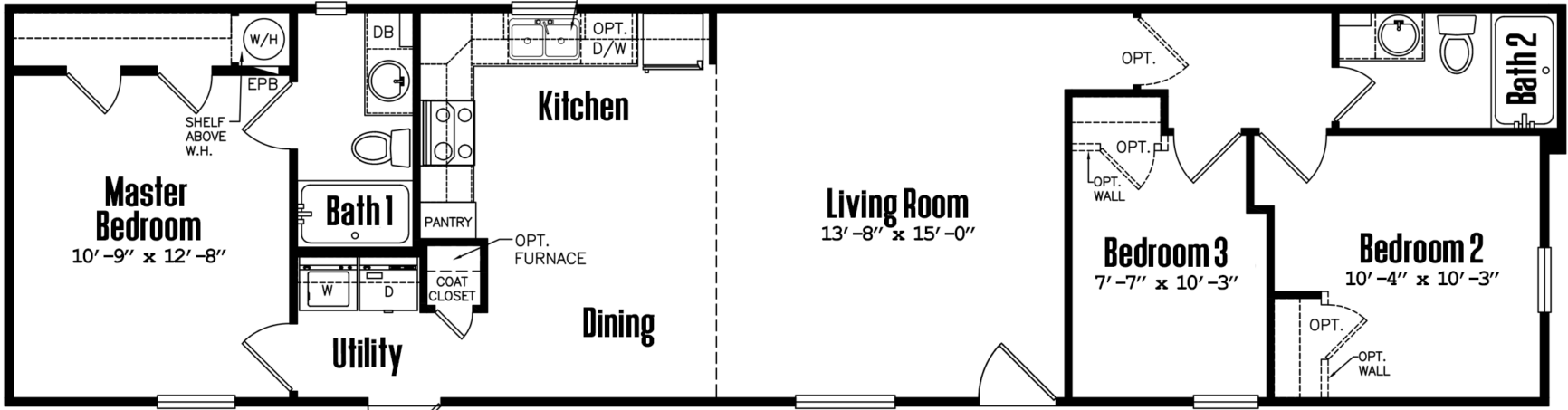 Singlewide 16×64-32c-4 floor plan home features