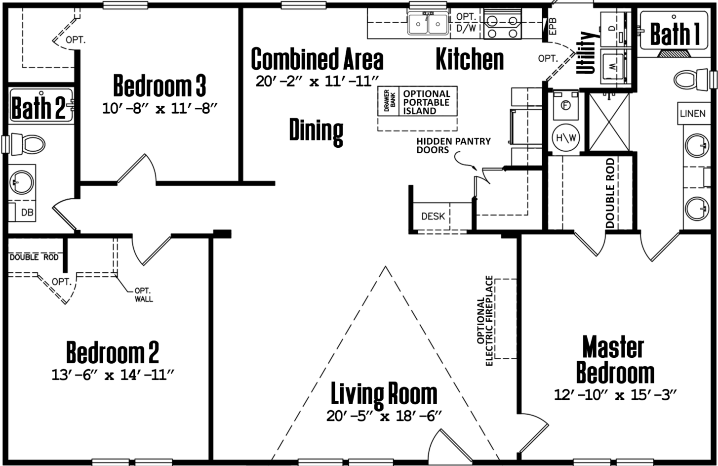 Doublewide 32×52-32d floor plan home features