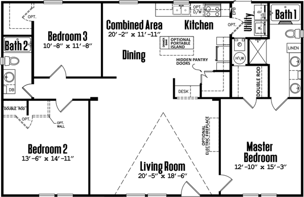 Doublewide 32×52-32d floor plan home features