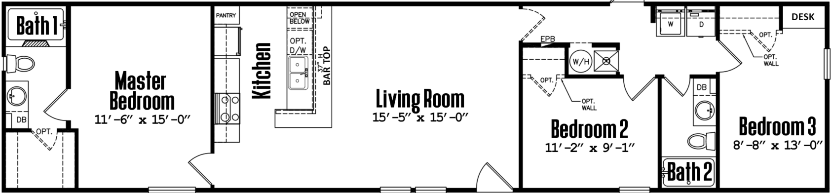 Singlewide h-16×72-32c floor plan home features