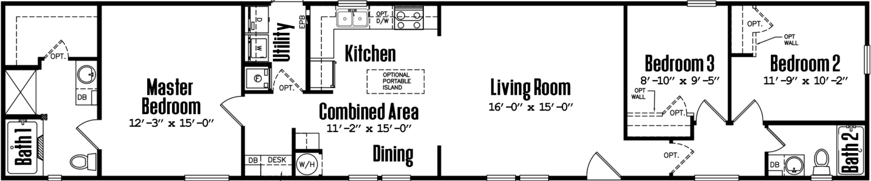 Singlewide 16×80-32d floor plan home features