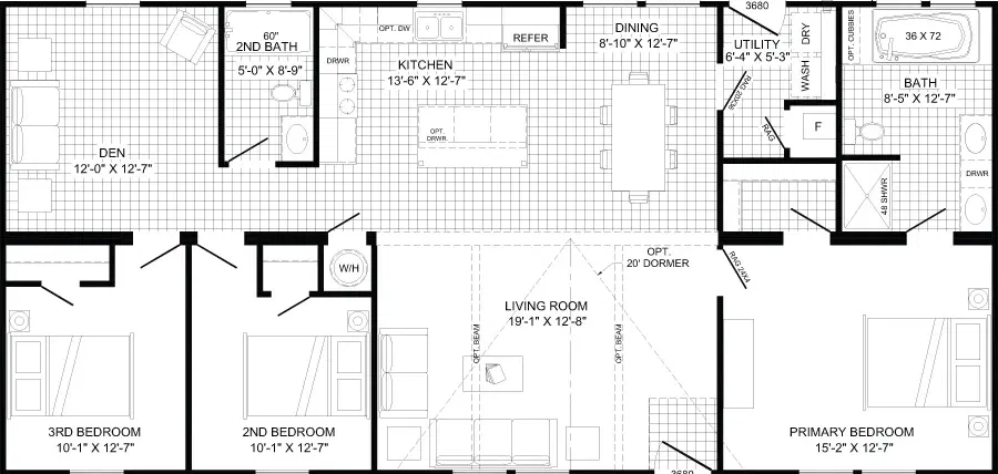 The stark floor plan home features